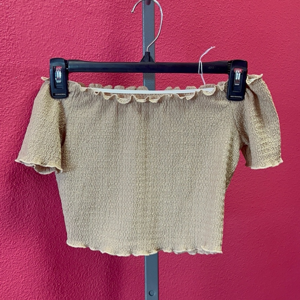 SHEIN Beige Smocked Off-Shoulder Crop Top